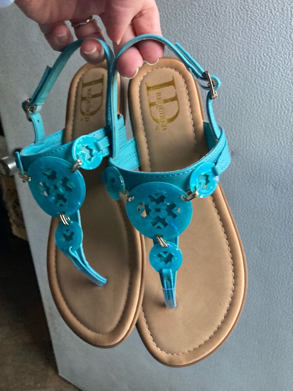 Turquoise Jeweled T-Strap Sandals